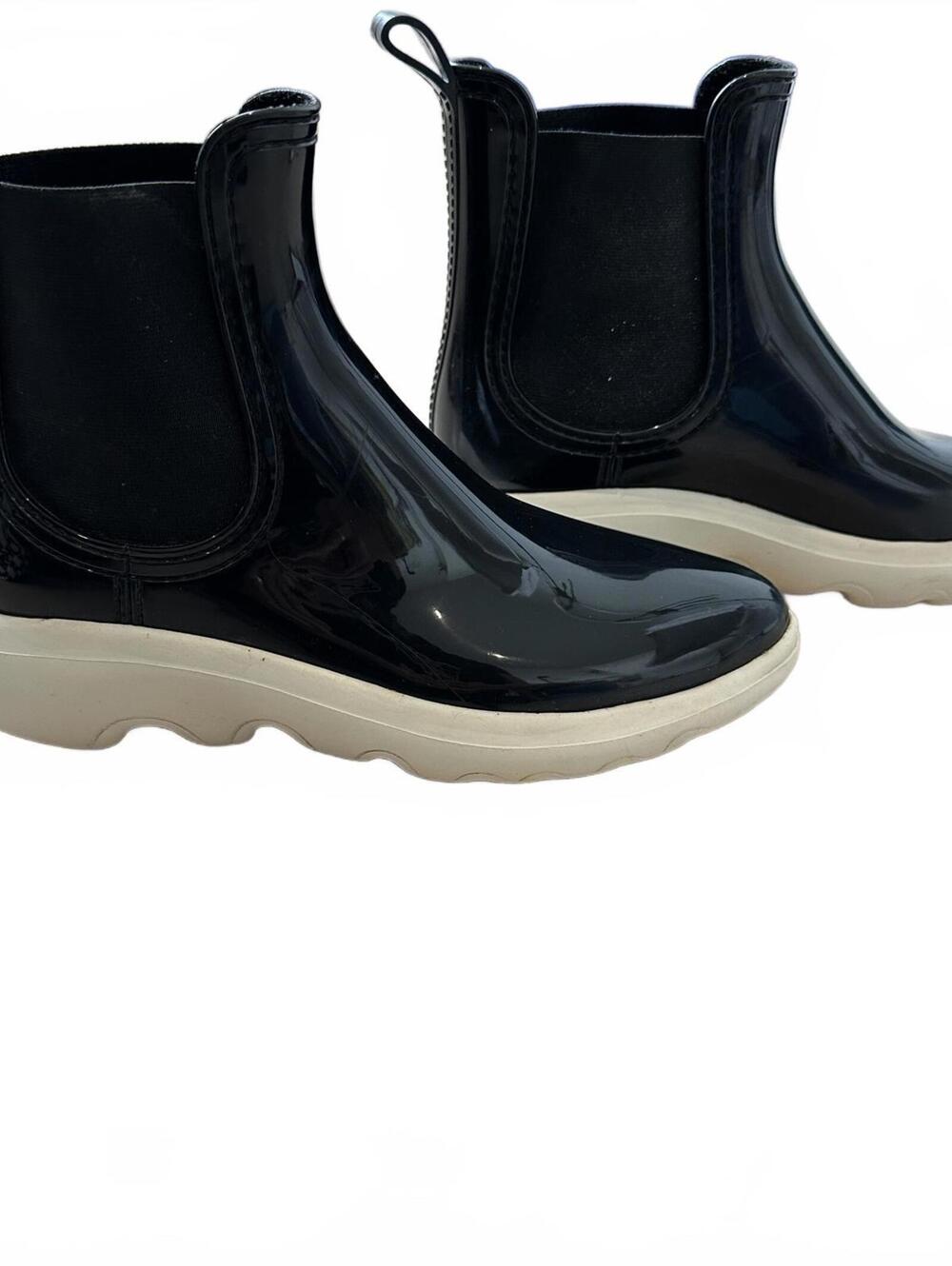 Lemon Jelly Black Patent Rubber Chelsea Ankle Boots, Size 38